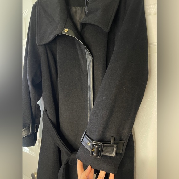 Cole Hann | Black Wool Trench Coat with Leather Trim Women’s 3X - Picture 6 of 16